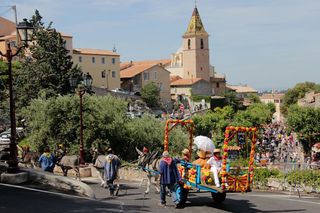 charrette décorée tractée par des ânes dans la rue d'un village  - Agrandir l'image, .JPG 441 Ko (fenêtre modale)