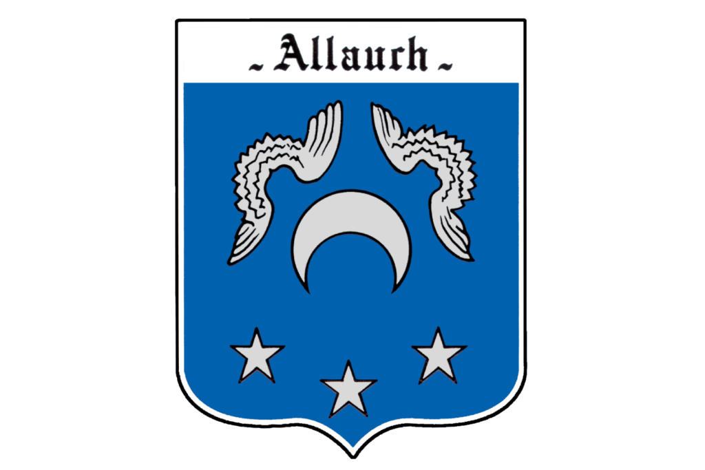 Les armoiries d’Allauch sont « d’azur au croissant renversé d’argent, accompagné en pointe de trois étoiles de même et en chef de deux vols d’argent accostés ».