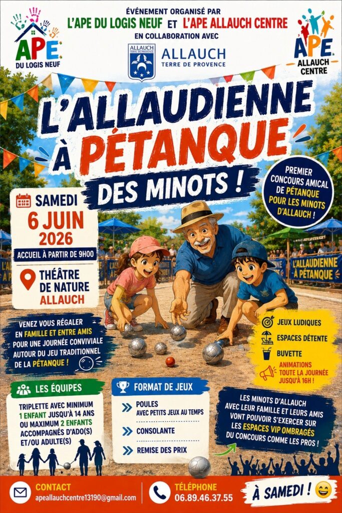 À la suite du concours de l’Allaudienne à Pétanque qui aura lieu les 3 et 4 juin, les APE des écoles Allauch Centre et du Logis-Neuf s’associent pour une belle journée pétanque le 6 juin !