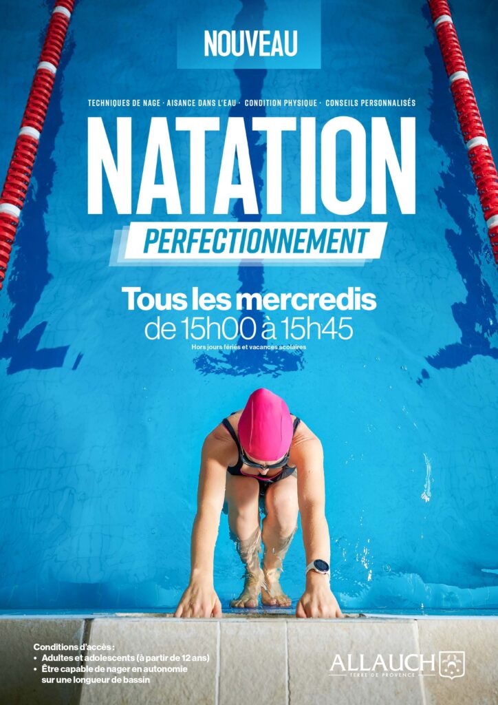 Ecole de natation, cours particuliers, aquaphobie, BNSSA, bébés nageurs… à partir de la rentrée, la Ville d'Allauch enrichit et complète son offre sportive avec une toute nouvelle activité : la “natation perfectionnement”, destinée aux adultes et aux adolescents à partir de 12 ans.